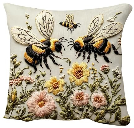 Djurtryck kuddfodral, med 2D värmeöverföring bi blommig design, 45 x 45 cm, broderat utseende tyg kuddfodral, mjuka plysch dekorativa kuddfodral, för sovrum vardagsrum soffa heminredning