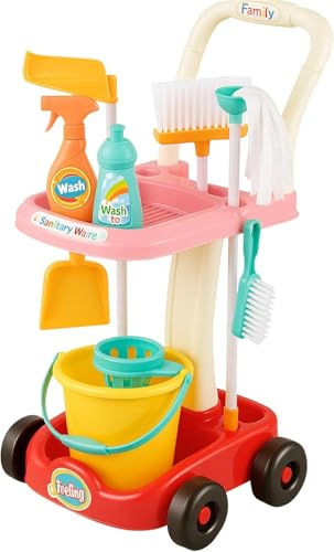 FAMBIZ Trolley Cleaning Accessories Playset, Role Play, Little Helper Pretend Children Play Set With Trolley, Lightweight And Durable, Hand-Eye Coordination, Child-Friendly, Easy To Use,