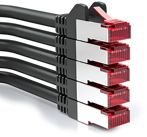 deleyCON 5x 0,25m Cavo Patch CAT6 PIMF S/FTP Schermatura CAT-6 RJ45 Cavo di Rete Cavo Ethernet LAN DSL Interruttore Router Modem Punto di Accesso - Nero