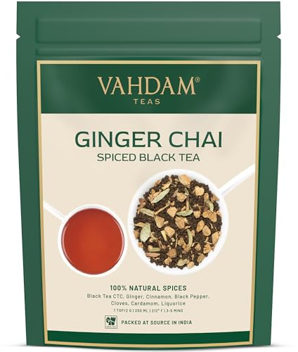 VAHDAM, Ginger Masala Chai Tea (50 cups, 100 gm) Authentic Indian Ginger Tea | Spiced Chai Tea Loose Leaf | Brew Hot Tea, Iced Tea Or Chai Latte | Vacuum Sealed Pack