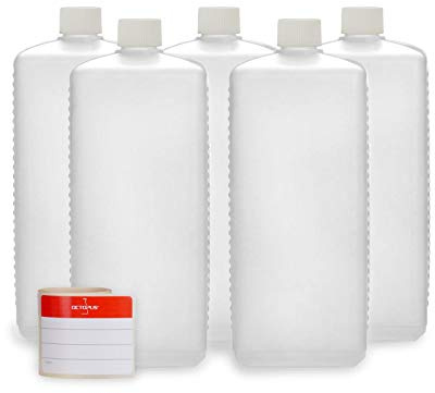 Octopus Set med 5 HDPE-plastflaskor på 1 000 ml med vita skruvlock, tomma flaskor med vita skruvlock, fyrkantiga flaskor med märkningsetiketter
