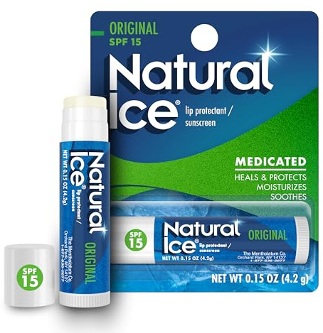 Mentholatum Natural Ice Original Medicated Lip Balm, Hydrating Lip Care for Dry, Chapped Lips, Moisturizing Formula with SPF 15 Helps Prevent Sunburn, Protection for Smooth, Soft Lips (Pack of 12)