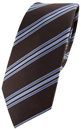 TigerTie schmale Designer Seidenkrawatte in dunkelbraun blau hellblau gestreift - Krawatte 100% Seide