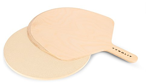 Tyrolit Life - Pietra per pizza rotonda per barbecue e forno, Ø 33 cm, in cordierite, con pratica pala per pizza in legno