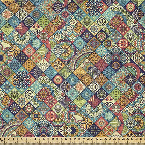 ABAKUHAUS marokkanisch Stoff als Meterware, Orientalische Motive, Microfaser Stoff für Dekoratives Basteln, 1M (230x100cm),Türkis Grün Gelb