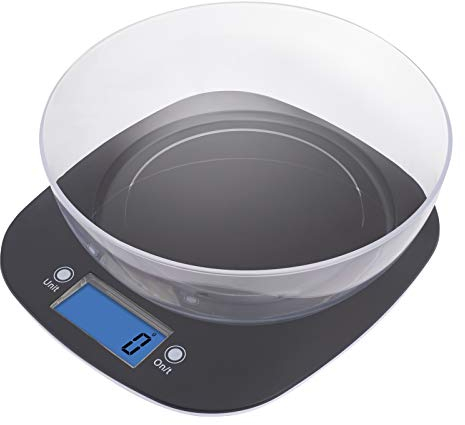 EMOS EV025 Küchenwaage mit Schüssel/Digitalwaage mit beleuchtetem LCDDisplay/Tara-Funktion/Nahrungsmittelskala/ElektronischeWaage/Präzisionbiszu1g/Tragkraft5kg,Schwarz,22,3x19,8x2cm