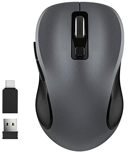WisFox 2.4G Wireless Mouse for Laptop, Ergonomic Computer Mouse with USB Receiver and Type-C Adapter, 3 Adjustable Levels, 6 Button Cordless Mice for Windows Mac PC Notebook (Grey and Black)