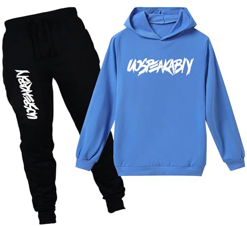 amropi Chándal Niños 2 Piezas Set Sudadera con Capucha y Pantalones Deportivo Jogging Adolescentes Conjunto Ropa (Azul Negro,13-14 años)