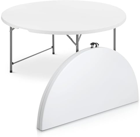 Brigros MBI - Tavolo Pieghevole da Giardino Rotondo 180x74 cm Bianco, Perfetto come Tavolo da Campeggio, da Buffet, da Cucina, Tavolino Salvaspazio a Valigetta con Maniglia