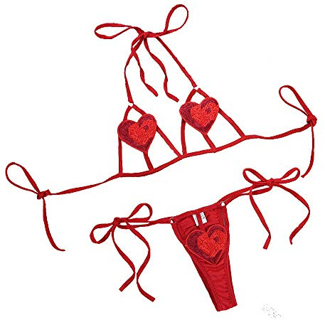 Ensemble de Lingerie Sexy de Noël Santa pour Femmes Coeur Anime Cosplay Micro Bikini avec Cravate côté Papillon Maillots de Bain String