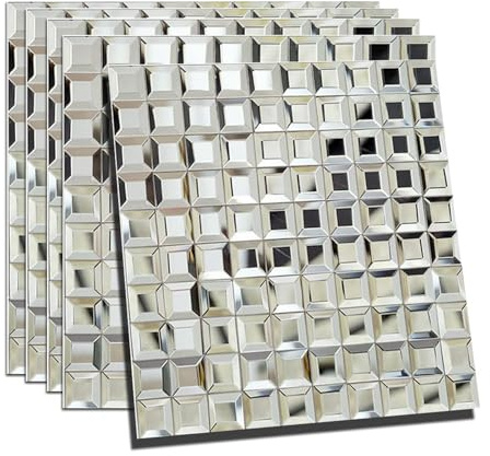 Soulscrafts Mirror Glass Mosaic Tile, 5 Faces Square Beveled Silver Crystal Mirror Backsplash 12x12 Inch Seamless for Kitchen Bathroom 5 Sheets
