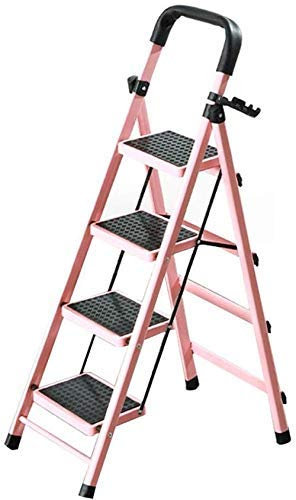 MHBGX Sgabello Multifunzionale per Uso Domestico All'Aperto, Scala a Spina Di Pesce Pieghevole Scala Mobile Telescopica Multifunzionale per Interni a Quattro Gradini, Scala Mobile Antiscivolo,Rosa