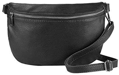 ITALYSHOP24-COM OBC Made in Italy Damen Leder Tasche Gürteltasche Crossbody Hüfttasche Bauchtasche Umhängetasche Cross-Over Bodybag Schultertasche Handytasche Schwarz