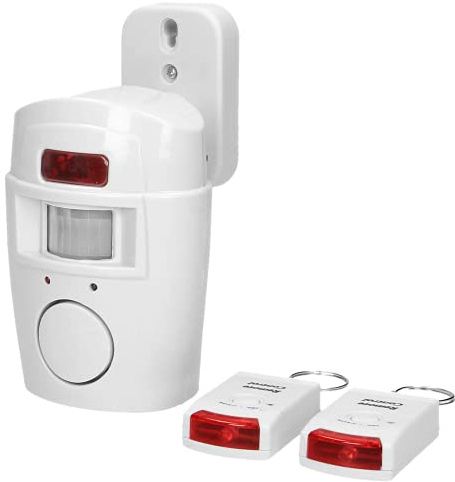 Virone AS-1 - Detector de Movimiento con función de Alarma, Mini Alarma inalámbrica con Sirena integrada, Funciona con Pilas, 2 mandos a Distancia