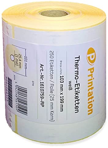 Printation Versandetiketten 103 x 199 mm weiß DHL, DPD, GLS, UPS - eine Rolle mit 250 103x199 mm Thermo-Etiketten - Thermodirekt permanent Paketaufkleber - 1 Zoll / 25mm Kern