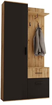 Mirjan24 Jareline Ensemble de garde-robe compact élégant avec 2 crochets, barres et étagère, porte-manteau mural pratique, garde-robe de couloir, armoire à chaussures (sans miroir, chêne Wotan / noir)