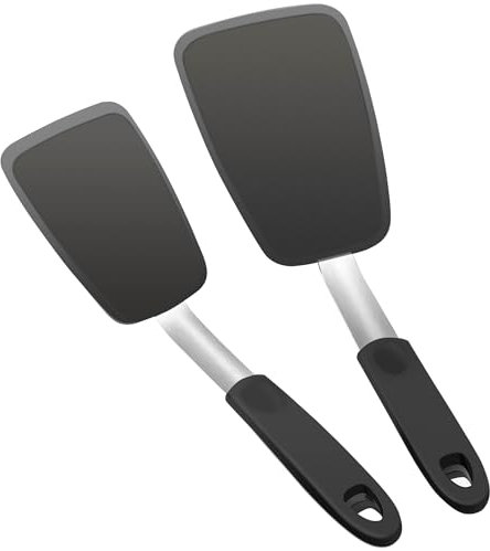 Mepple Flexible Silicone Spatula, Turner, Rubber Cookie Spatula for Flipping Eggs, Burgers, Crepes and Fish, Non-Stick & 600F Heat-Resistant, Essential Kitchen Cooking Utensils (2 Pack, Black)