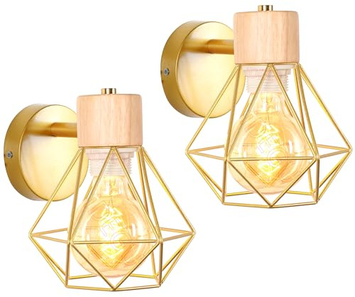 iDEGU 2 Stücke Vintage Wandlampe 16CM Wandleuchte Industrial Design Geometrischem Käfig Lampenschirm Retro Lampe aus Holz Eisen Verstellbare Deckenleuchte Wandleuchte für Wohnzimmer Flur (Typ-B Gold)