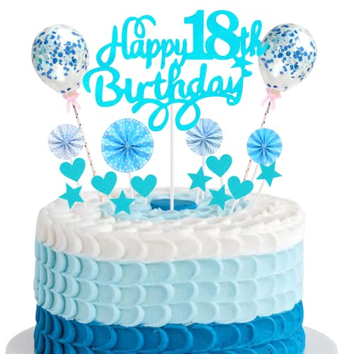 Happy 18th Birthday Tortendeko für Junge und Mädchen - Kuchendeko Blau Mit Herz, Stern, Ballon, Glitter Cake Topper