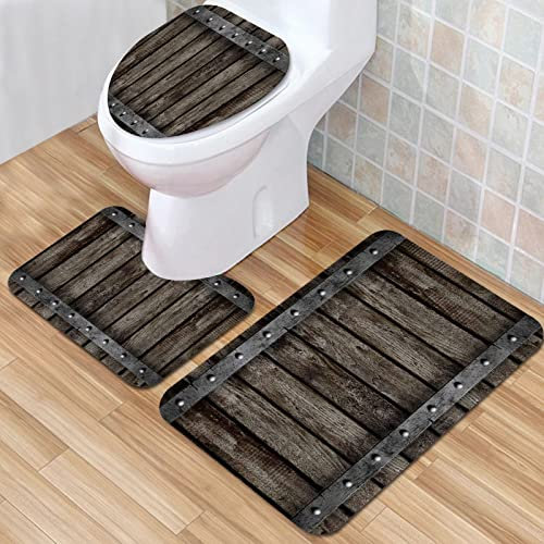 IUBBKI Badezimmermatte, rutschfeste Badematte, rustikale Holzscheune, Westernhaus, mit Holz-Garagentor, Badematten-Set, 3-teilig, saugfähig, rutschfest, Badematte, WC-Vorleger, Badteppich