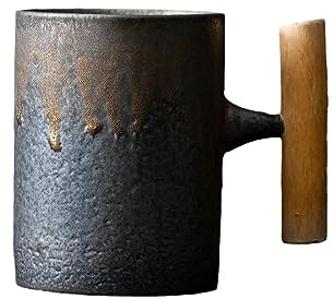 CAPIJIONG Keramik-Kaffeetassen-Set, skandinavische Tassen, kreative Retro-Tassen, vergoldete Paar-Tassen, vergoldeter Holzgriff, Wassertasse 008-101-200 ml