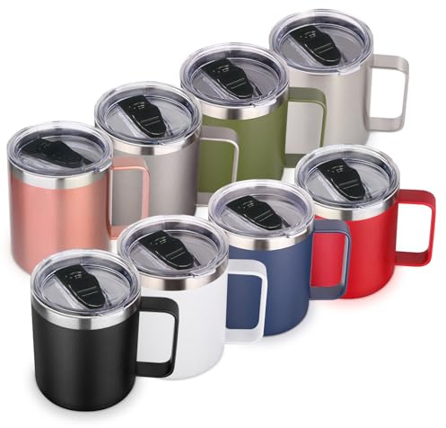 Volhoply 14oz Insulated Stainless Steel Coffee Mug with Lid Bulk 8 Pack,Double Wall Vacuum Travel Coffee Cup with Handle,Reusable Metal Cups Tumbler Cup, Camping Mugs,Ideal Gifts(Mix,8)