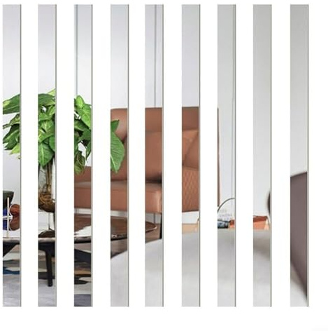 CWOQOCW 10 Stück Kunststoff-Spiegel, lange Streifen, Acrylfliesen, Spiegel, Mosaik, selbstklebende Wandaufkleber, Blätter für Zuhause, Wohnzimmer, Schlafzimmer, Dekor (Silber)