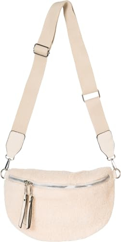 styleBREAKER Damen Teddyfell Halbmond Crossbody Schultertaschen Einfarbig, verstellbarer Schultergurt 02012403, Farbe:Beige