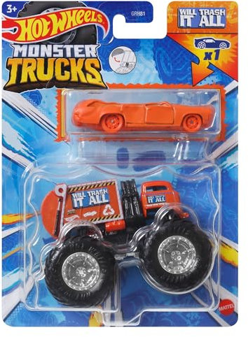 Hot Wheels Monster Trucks Toy Vehicle Truck Will Trash It All + Station Wagon Orange for Kids Ages 3 and Up