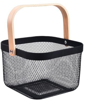 URFEDA Panier de Rangement en Maille d'acier avec Anse en Bois, Panier de Fruits, Panier de Légumes, Panier de Rangement Multifonctionnel en Fil Métallique pour Cuisine, Salle de Bains, Courses, Noir