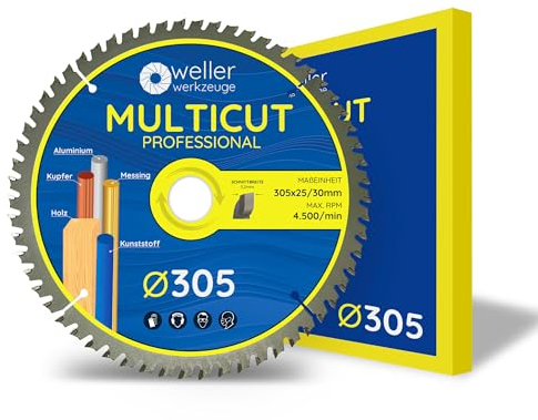 WELLERWERKZEUGE | Profi MULTICUT Kreissägeblatt Sägeblatt 305x30 + 25mm 60 Zähne für Holz Kunststoff Aluminium passend für Akku Kreissäge Tischsäge für Makita Bosch Dewalt