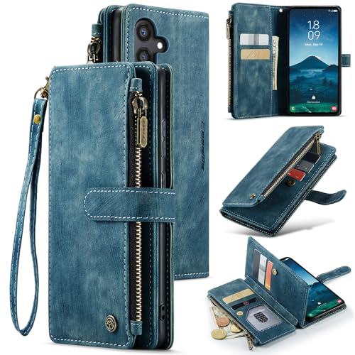 UEEBAI Wallet Case for Samsung Galaxy S24 5G, Premium Handmade PU Leather Phone Case Card Slots Magnetic Closure Zipper Pocket Kickstand Flip Case with Hand Strap - Blue