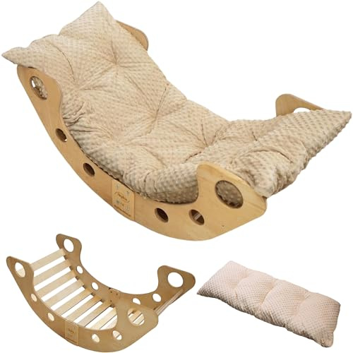 Skyline Kletterbogen mit Kissen Baby Kleinkind Kinder ab 1 Jahr Indoor Klettern Montessori Klettergerüst Holz Wippe Balancewippe Kletterdreieck Kletterwippe Holzwippe Kletterling Holzbogen L Beige