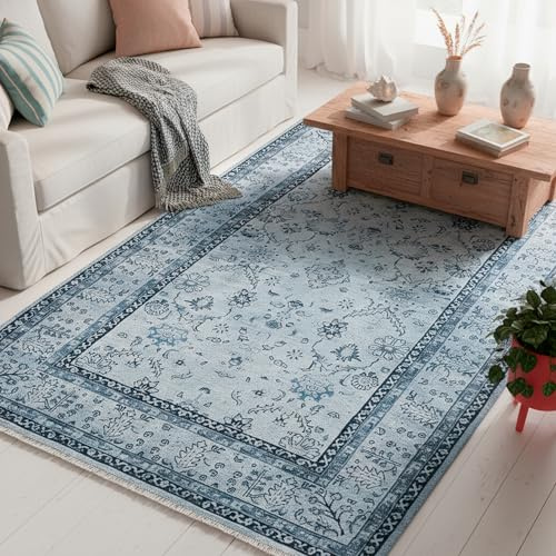 TESSO LIVING Moderner Vintage Boho Teppich - Jeans Blau 155 x 225 cm - Maschinenwaschbar und rutschfest Kurzflor Teppich - bringt Wärme in Wohnzimmer und Schlafzimmer