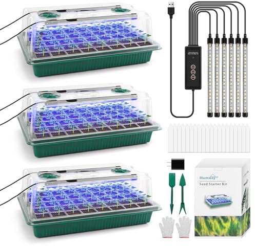 Lot de 3 plateaux de démarrage pour semis avec lumière de croissance, plateau à 120 cellules avec dôme d'humidité, mini serre pour semis enracinés, kit de démarrage de plantes Timed Light