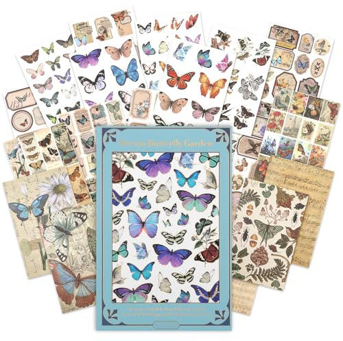 NOGAMOGA Scrapbooking Sticker Set, Vintage Schmetterling Sticker Buch für Journaling Alben, 204 Bullet Journal Aufkleber und 5 volle Größe Scrapbook Washi Aufkleber, Schmetterling Ephemera