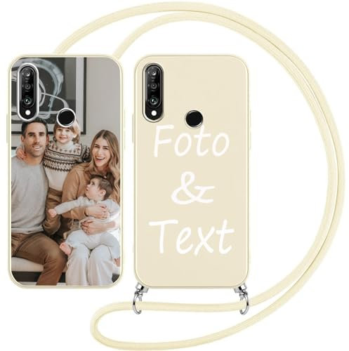 Handykette Personalisierte Handyhülle für Huawei P30 Lite Hülle mit Band Kordel,Selbst Gestalten personalisiert Foto Bild Individuelle Schutzhülle Beige Silikon Stoßfest Individuelle Case