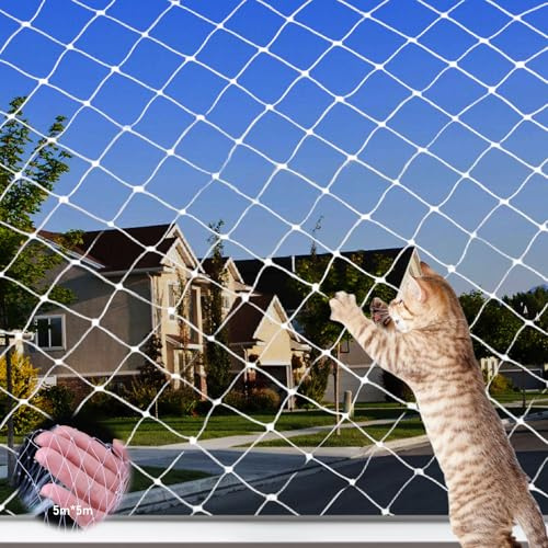 Aicharynic Red para gatos para balcón, 5 x 5 m, red de protección para gatos, balcón, 2,5 x 2,5 cm, tamaño de malla, red para gatos, balcón, sin agujeros, red para gatos, ventanas, ventanas, terrazas
