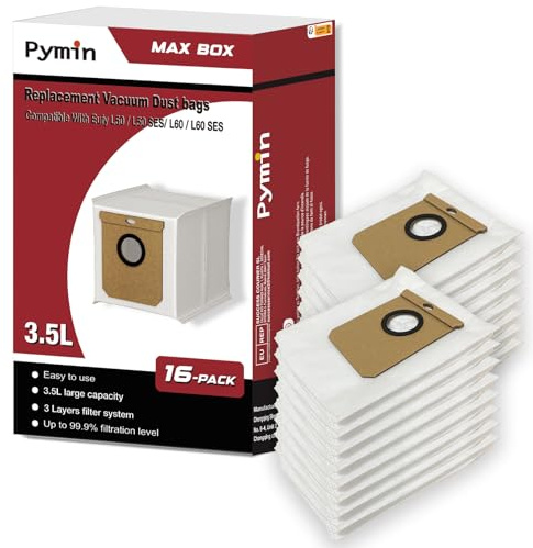 Pymin 16 Pack Replacement Dust Bags Compatible with Eufy L50 & L60 SES, L60 Hybrid SES Self Empty Station, 3.5L Dirt Disposal Bags for Haier H9+, Conga Home 10000, 8090 Ultra, 9090 AI Vacuum Cleaner