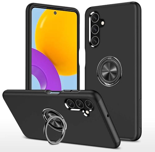 XYZNTMF for Samsung S24 FE Case Built-in Ring Holder Shockproof Samsung Galaxy S24 FE Phone Case Silicone Bumper Matte Hard PC Shell Magnetic Car Mount Protective Skin Cover, Black