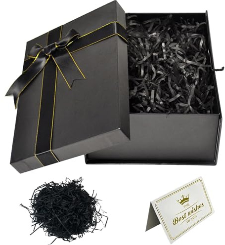 Presentask med lock 25 x 18 x 8,5 cm, svart presentförpackning med rosett, presentset, gratulationskort, raffia hamer-trosor för bröllop, mors dag, födelsedag, jul, alla hjärtans dag (svart)