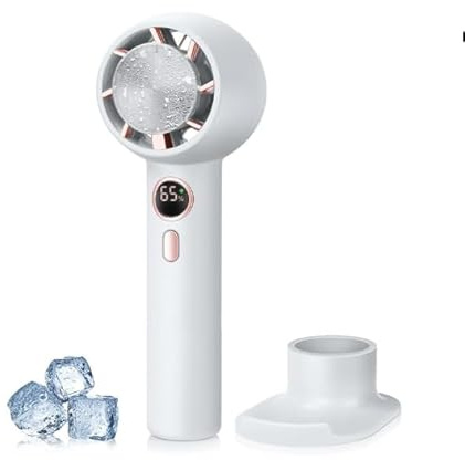 ELZO Ventilador portátil de aire acondicionado con refrigeración por hielo, 5000 mAh, ventilador de mano 2 en 1, mini ventilador de escritorio recargable por USB para el hogar, oficina, viajes al aire