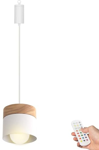 FSLiving Dimmbare Hängelampe mit Batterie Innen, Modern Metall Hängeleuchte Batteriebetriebene Lampe, Pendelleuchte ohne Strom Stromanschluss für Küche Nachttischcafé,Weiß
