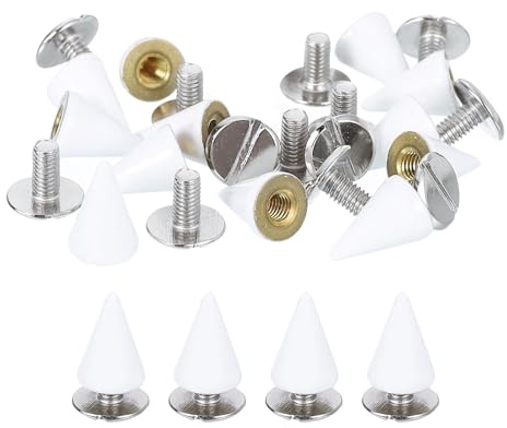 QUARKZMAN 16 Juegos de Kit de Púas y Tachuelas, Púas Cónicas de 7mm Tachuelas Punk Rock Remaches con Tornillo Trasero Tornillos de Remache Rápido para Manualidades de Cuero, Blanco