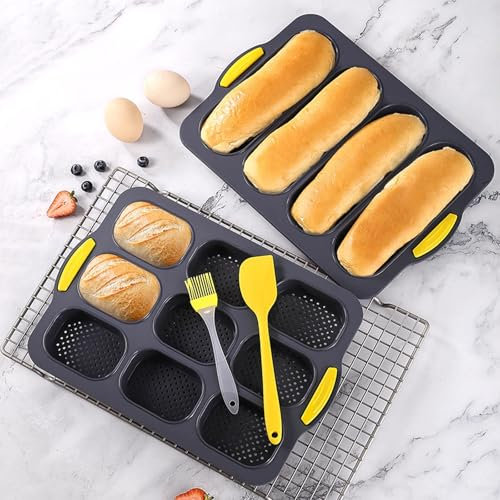 Juego de 4 moldes de silicona for pan, molde perforado for hornear pan, molde antiadherente for panecillos franceses resistentes al calor con espátula for horno, molde for tostadora, pan, perritos cal