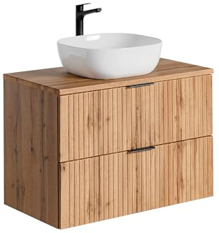 Meuble sous Vasque Adel, 80 cm, 2 tiroirs, façades rainurées, MDF résistant à l'humidité, Fermeture Douce, 3 poignées incluses, Design élégant et Fonctionnel (Chêne Naturel, Lavabo à Poser)