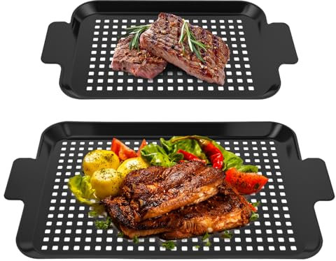 MENIBBLER 2 Pack Stainless Steel BBQ Grill Tray Set, Solid Versatile Barbecue Grilling Basket, Grill Topper Pan Kit for Camping