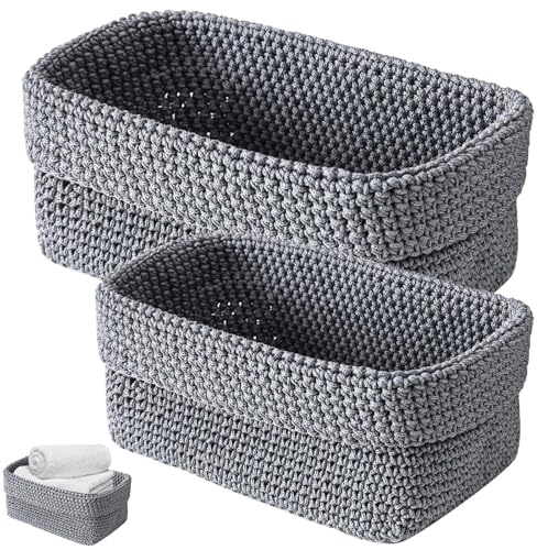 Aufbewahrungskorb Körbe Aufbewahrung Geflochten Häkelkorb - 2er Set Quadrat Stapelbare Häkelkorb Organizer Wäschekorb Regalkörbe, Quadrat Gewebte Körbe für Handtücher Kosmetik Spielzeug (Grau)