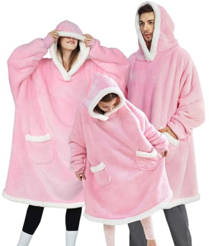 TOUVE Sweat à Capuche Surdimensionné Épaississant, Sweat Plaid Polaire Chaude Sherpa Couverture avec Manches Et Poche, Pull Plaid Homme Femme Adapté aux Adultes, Hommes, Femmes, Adolescents(Rose)