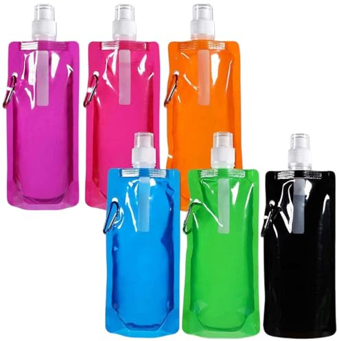 Ceeyoll 6PCS Bouteilles D'eau Pliables de 500ml, Sac à eau Pliable Portable, Bouteille D'eau Réutilisable, Bouteille D'eau Pliable, Sac à Eau Pour Randonnée, Aventure,Voyage